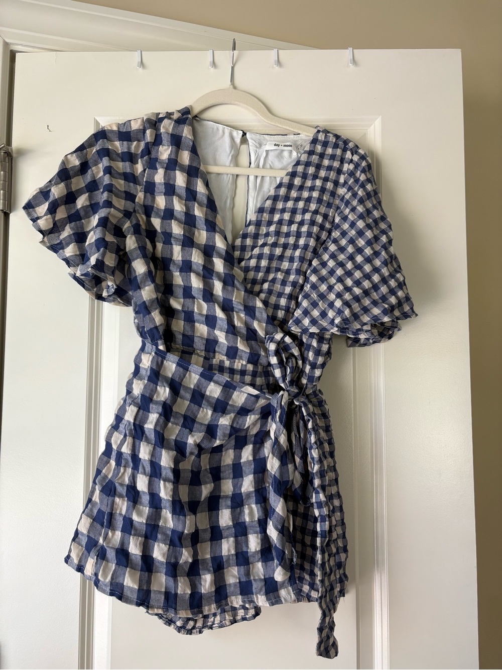 Blue and White Gingham Wrap Romper